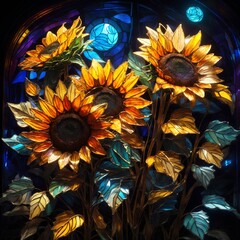 beautiful illuminated sunflowers made of stained glass with attractive light and details 