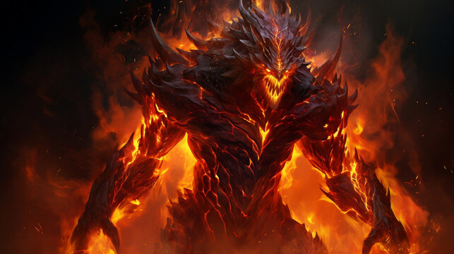 Giant fire elemental burning everything in front of him. Diablo and Inferno scenery. Generative AI. 