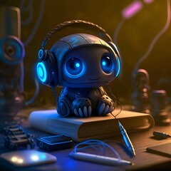 android robot with headphones listenign to music