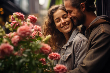 couple in love in flowers, valentine day generative ai