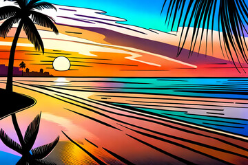 Sea beach with palm silhouette at sundown - obrazy, fototapety, plakaty