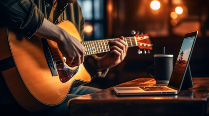 musician practicing the guitar at low lit coffee shop 