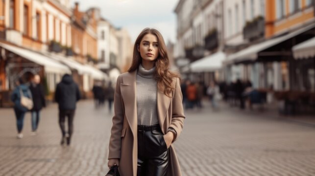 Beautiful woman in a fashionable coat and a leather skirt with a black stylish handbag walks along the city streets near buildings.