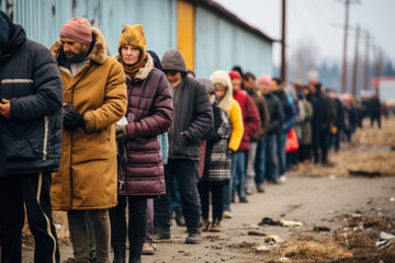 line for humanitarian aid from poor and homeless people generative ai - obrazy, fototapety, plakaty