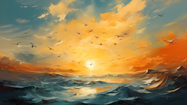 AI-generated painting of a sunset over the ocean with birds flying in the background. 