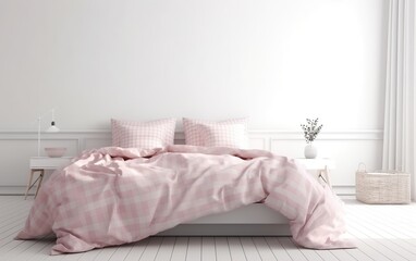 Fototapeta na wymiar Light cute and cozy home bedroom interior with unmade beds. AI, Generative AI