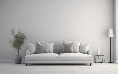 Livingroom interior wall mock up with gray fabric sofa. AI, Generative AI