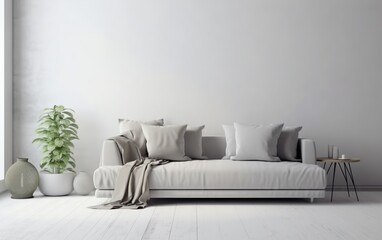 Fototapeta na wymiar Livingroom interior wall mock up with gray fabric sofa. AI, Generative AI