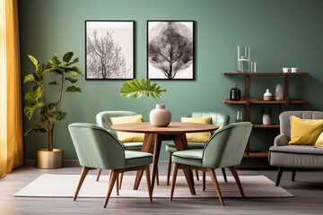 modern living room with Scandinavian and mid-century home interior design, you'll find round wooden dining table chairs in a refreshing mint color, alongside a sofa and cabinet set against a vibrant g