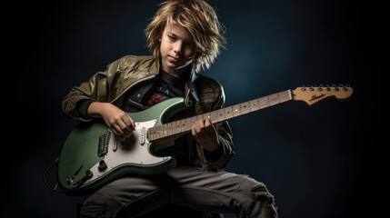 Fototapeta na wymiar Teenage boy playing guitar on dark background