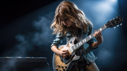 Fototapeta na wymiar Teenage girl playing guitar on dark background