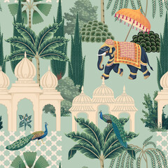 Indian pattern with elephant, palm, trees and peacocks. Vintage landscape wallpaper.