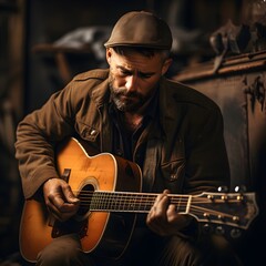 Obraz premium A working-class man playing his guitar after a hard day's work