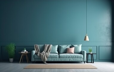 Modern cozy living room and blue wall texture background. AI, Generative AI
