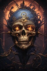 The skull of a pirate with a clock in the background, AI-generated image