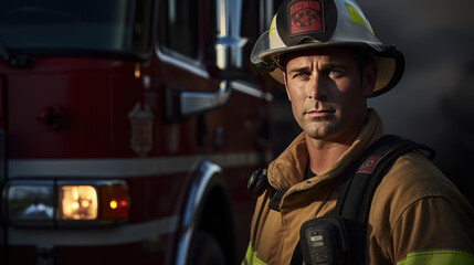 Firefighter portrait on duty. Photo of fireman near fire engine