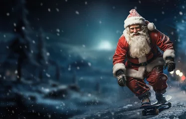 Deurstickers Santa Claus delivering gifts on a skateboard © Svetlana Kolpakova