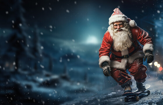 Santa Claus Delivering Gifts On A Skateboard