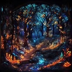 Fototapeta premium beautiful illuminated forest made of stained glass with attractive light and details 
