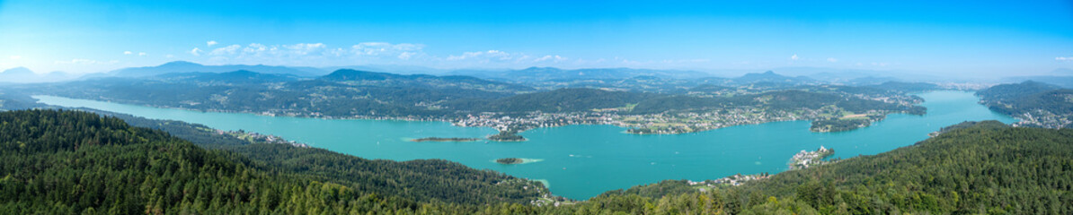 Naklejka na ściany i meble View of the Worthersee lake , Carinthia, Austria Aerial view from Pyramidenkogel view tower