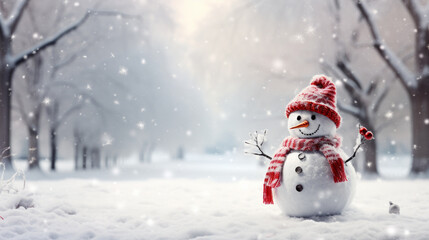 Naklejka na ściany i meble Happy snowman in winter scenery, Merry Christmas background, copy space, greeting card