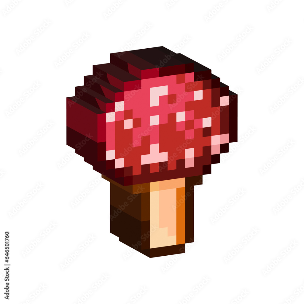 Poster isometric pixel art 3d of mushroom for items asset. simple 3d of red poison mushroom on pixelated st