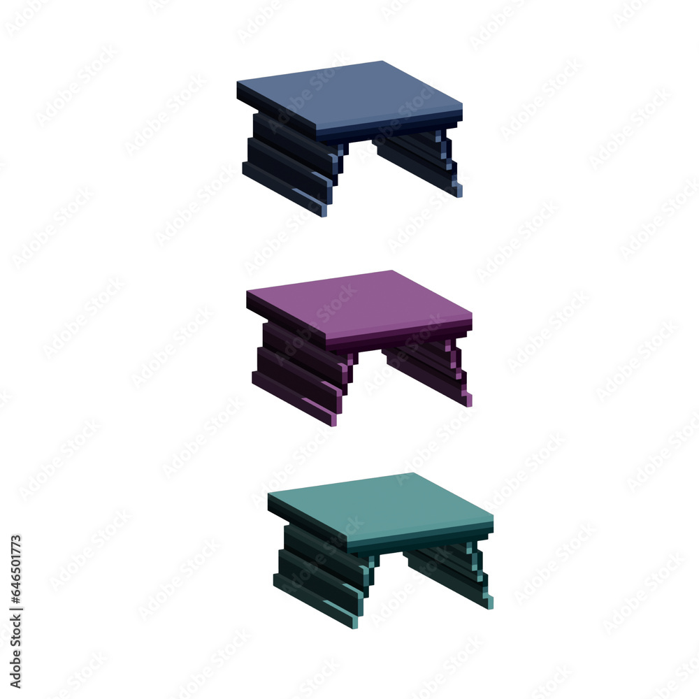 Poster isometric pixel art 3d of table for items asset. simple 3d of blue,purple,and green table on pixelat