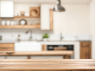 Empty wooden table and blurred modern white kitchen background, Kitchen backdrop for food product display