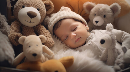 A newborn baby peacefully sleeping in a crib surrounded by soft toys