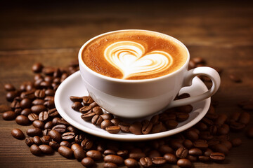 A cup of delicious cappuccino coffee with a heart pattern on milk froth on a saucer surrounded by coffee beans