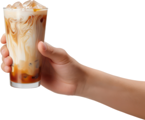 Hand holding glass of caramel macchiato, cream, café, Homemade, PNG, Transparent, isolate.