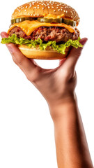 Hand holding delicious cheeseburger, bun, lettuce, tomato, meat, beef, PNG, Transparent, isolate.