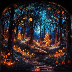 beautiful illuminated background forest made of stained glass with attractive light and details 