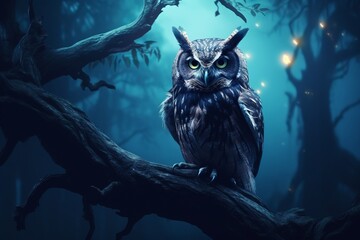 Owl sitting on the branch in spooky forest at the night