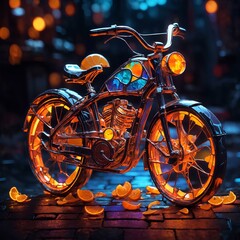 beautiful illuminated background bike made of stained glass with attractive light and details 