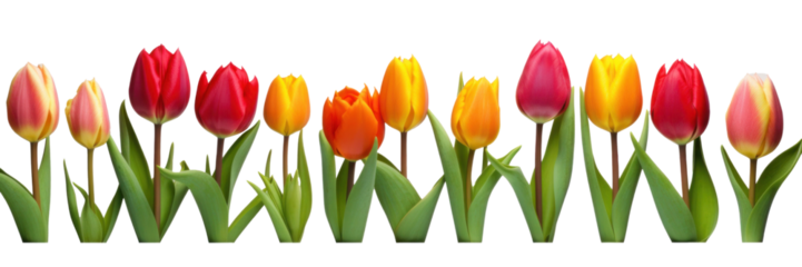 row of colorful tulip flowers, png file of isolated cutout object on transparent background.
