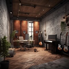 Empty wooden music recording studio with guitar and music equipment. AI generated - obrazy, fototapety, plakaty