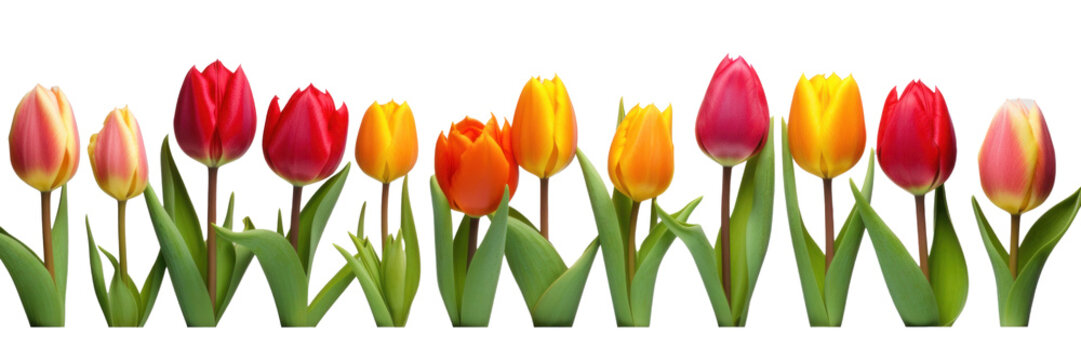 row of colorful tulip flowers, png file of isolated cutout object on transparent background.