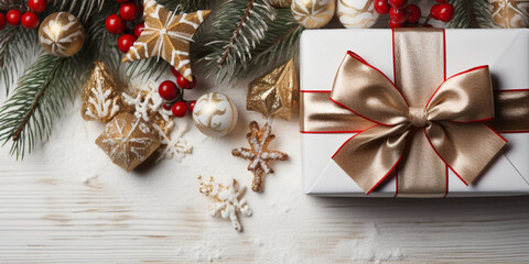 Fototapeta na wymiar Christmas wrapping present, gift box with ribbon, copy space