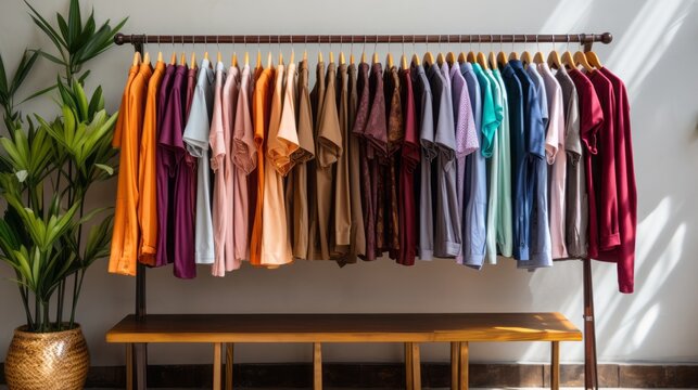 Clothing on hanger at the modern shop boutique, 16:9