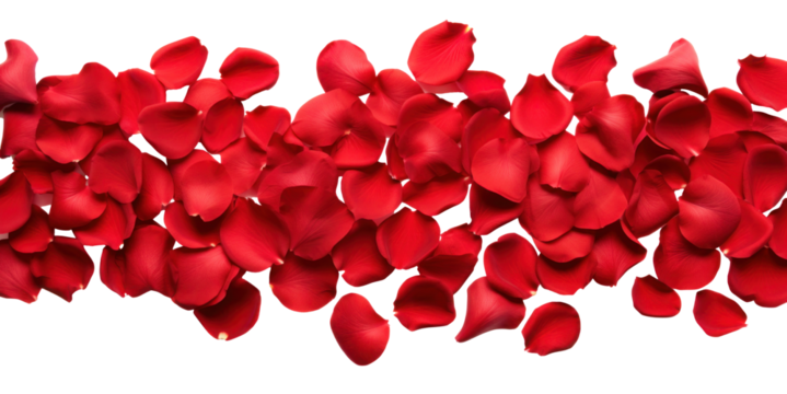 strip of scattered red rose petals, png file of isolated cutout object on transparent background.