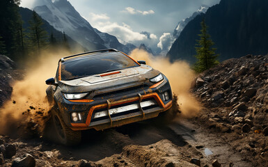 Offroad racing car riding on forest dirt track on a sunny late day.