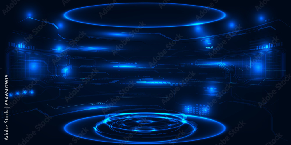 Wall mural vector illustrations of virtual digital futuristic glowing neon stage with digital element around an