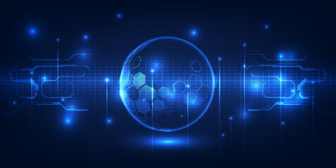 Vector illustration of neon blue digital planet represent to digital innovation and technology.Futuristic digital technology concept.