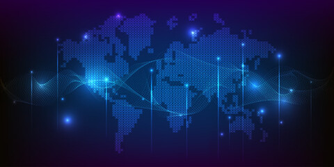 Vector illustration of blue futuristic technology world map with random  glowing particle floating around.Digital communication and innovation technology concepts.