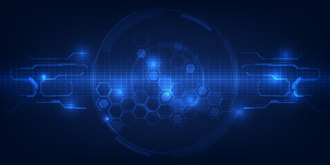 Vector illustration of horizontal digital high tech space with futuristic circle,hexagon network and grid line circuit.Futuristic digital communication technology concepts. 