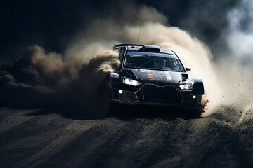 Fototapeta na wymiar Rally racing car riding on desert sand dirt track at night.