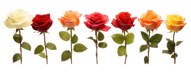 row of multi-colored rose flowers , png file of isolated cutout object on transparent background.