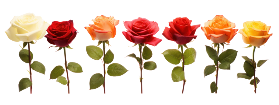 row of multi-colored rose flowers , png file of isolated cutout object on transparent background.