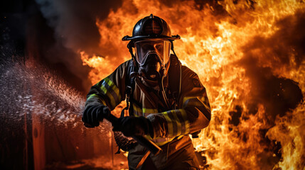 Naklejka premium Portrait of a firefighter in equipment. Firemen using water from hose for fire fighting.